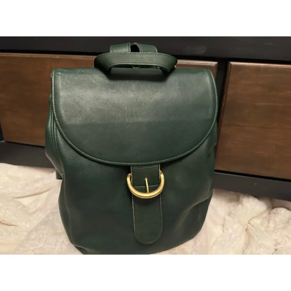 Green Leather Backpack with Gold Ring Accent